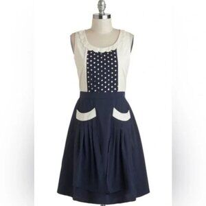 COMME TOI - by Anthropologie Navy Blue & Cream Polka Dot Vintage Style dress